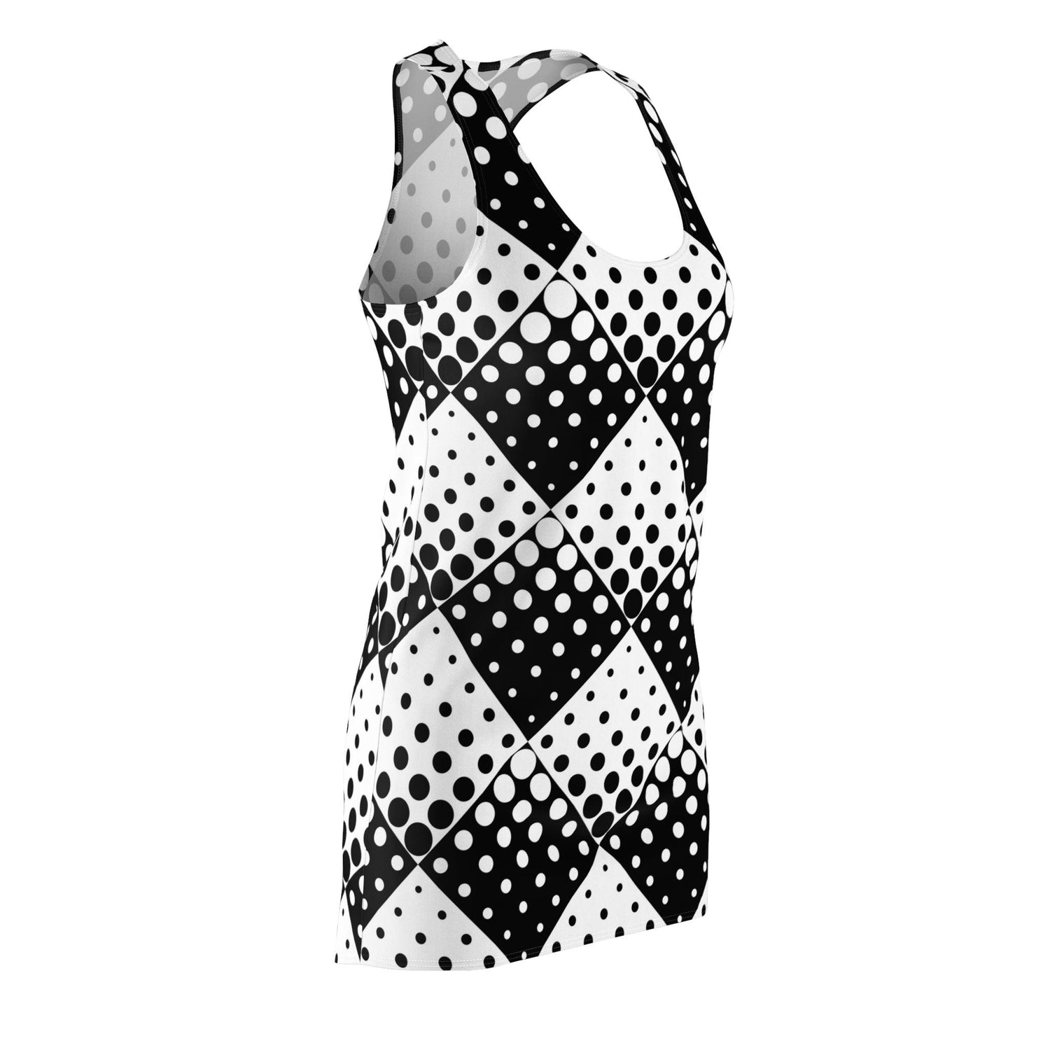 Black and White Polka Dot Squares Women's Cut & Sew Racerback Dress