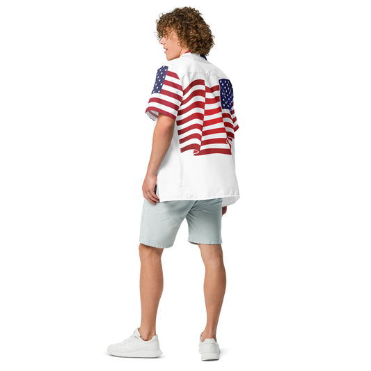 Waving American Flag Unisex Button Shirt - MessyBunFun - Your Destination for Stylish Unisex Clothing, Tops and bottoms - MessyBunFun.com