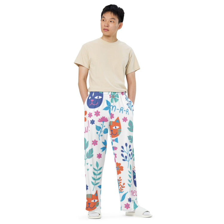 Kitty Garden Unisex Wide-Leg Pants - MessyBunFun - Your Destination for Stylish Unisex Clothing, Tops and bottoms - MessyBunFun.com