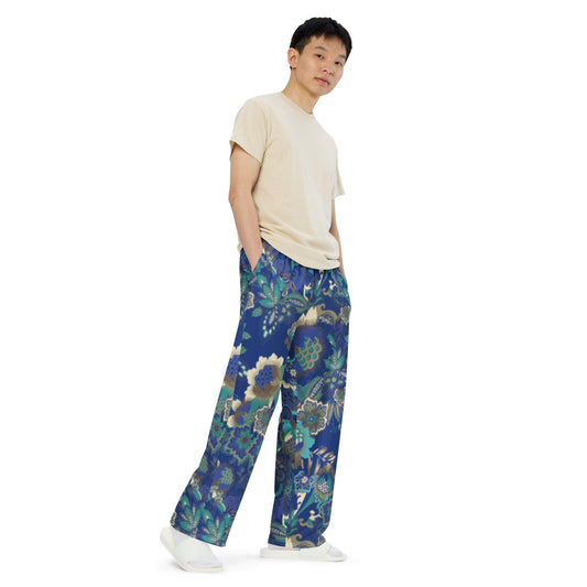 Blue Calico Unisex Wide-Leg Pants - MessyBunFun - Your Destination for Stylish Unisex Clothing, Tops and bottoms - MessyBunFun.com