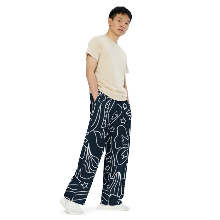 White Doodles on Black unisex wide-leg pants