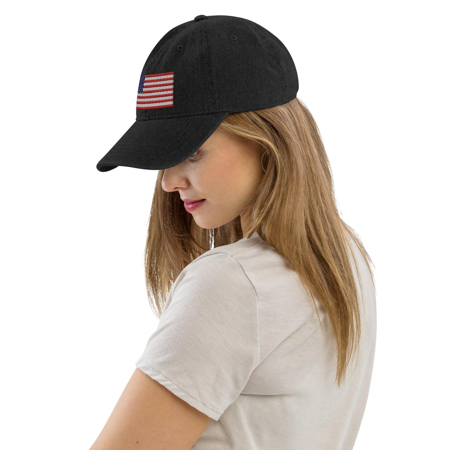 Embroidered American Flag Pigment-Dyed Denim Hat