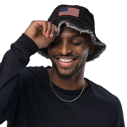 American Flag Distressed Denim Bucket Hat
