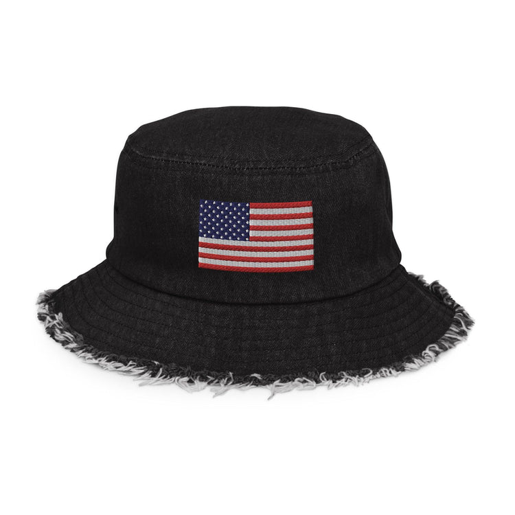 Embroidery American Flag Distressed denim bucket hat