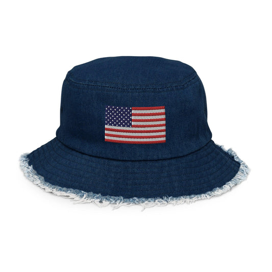 Embordered American Flag Distressed Denim Bucket Hat