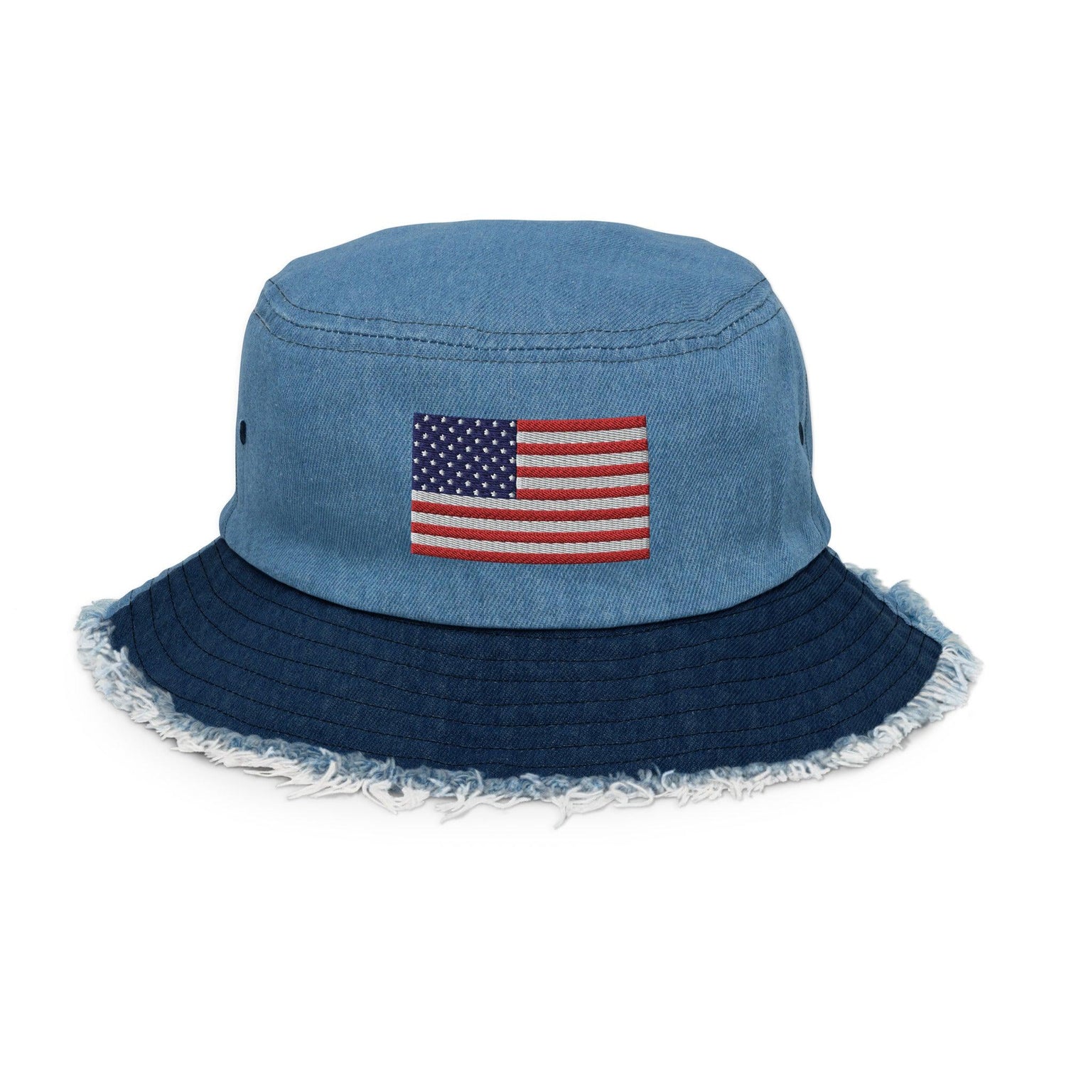 Embordered American Flag Distressed Denim Bucket Hat