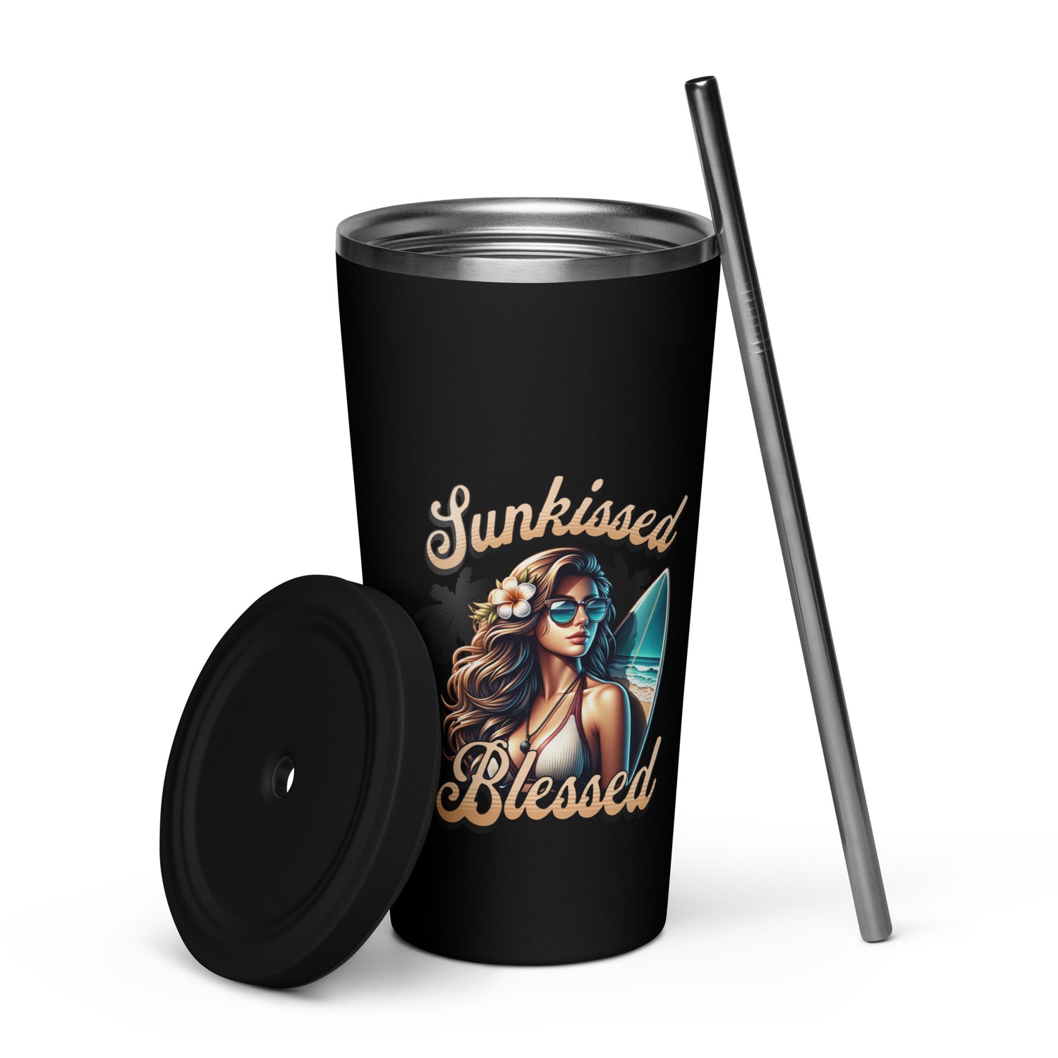 Sunkissed Blessed Insulated Tumbler with a Straw - MessyBunFun - Your Destination for Stylish Unisex Clothing, Tops and bottoms - MessyBunFun.com