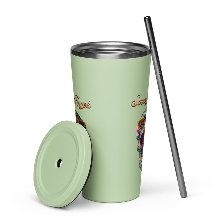 Savage Angels Insulated Tumbler with a Straw - MessyBunFun - Your Destination for Stylish Unisex Clothing, Tops and bottoms - MessyBunFun.com