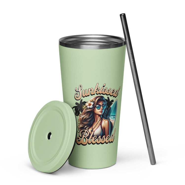 Sunkissed Blessed Insulated Tumbler with a Straw - MessyBunFun - Your Destination for Stylish Unisex Clothing, Tops and bottoms - MessyBunFun.com