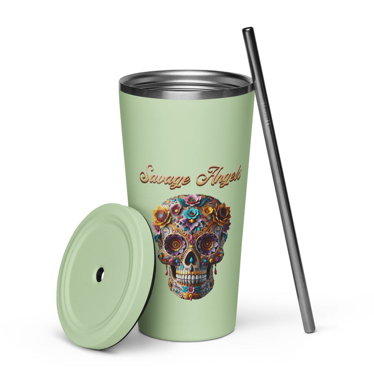 Savage Angels Insulated Tumbler with a Straw - MessyBunFun - Your Destination for Stylish Unisex Clothing, Tops and bottoms - MessyBunFun.com