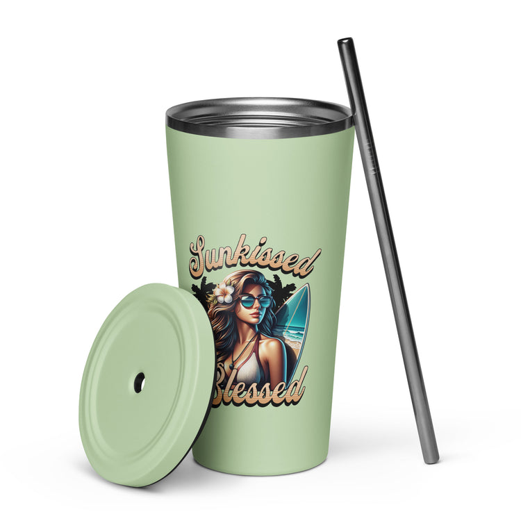 Sunkissed Blessed Insulated Tumbler with a Straw - MessyBunFun - Your Destination for Stylish Unisex Clothing, Tops and bottoms - MessyBunFun.com