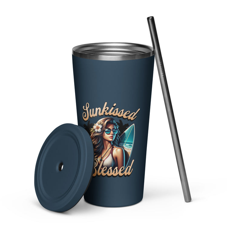 Sunkissed Blessed Insulated Tumbler with a Straw - MessyBunFun - Your Destination for Stylish Unisex Clothing, Tops and bottoms - MessyBunFun.com