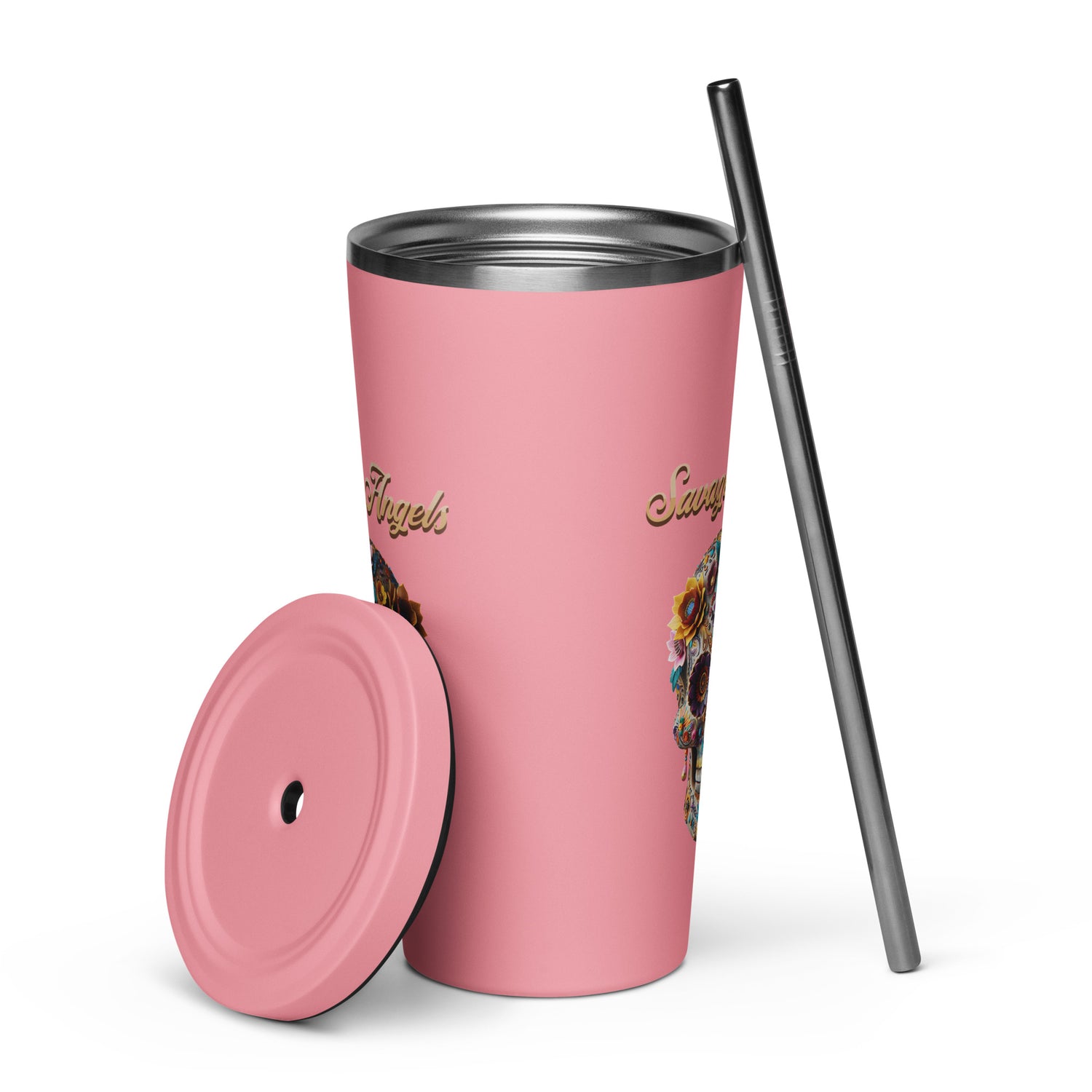 Savage Angels Insulated Tumbler with a Straw - MessyBunFun - Your Destination for Stylish Unisex Clothing, Tops and bottoms - MessyBunFun.com