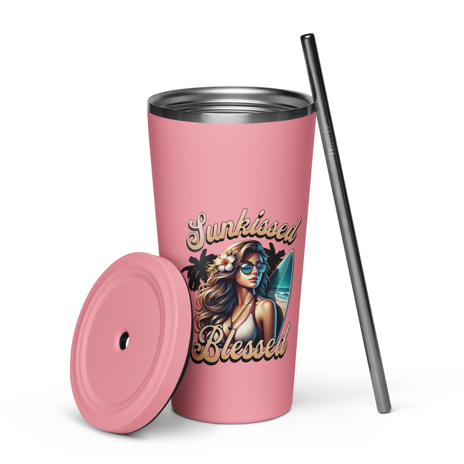 Sunkissed Blessed Insulated Tumbler with a Straw - MessyBunFun - Your Destination for Stylish Unisex Clothing, Tops and bottoms - MessyBunFun.com