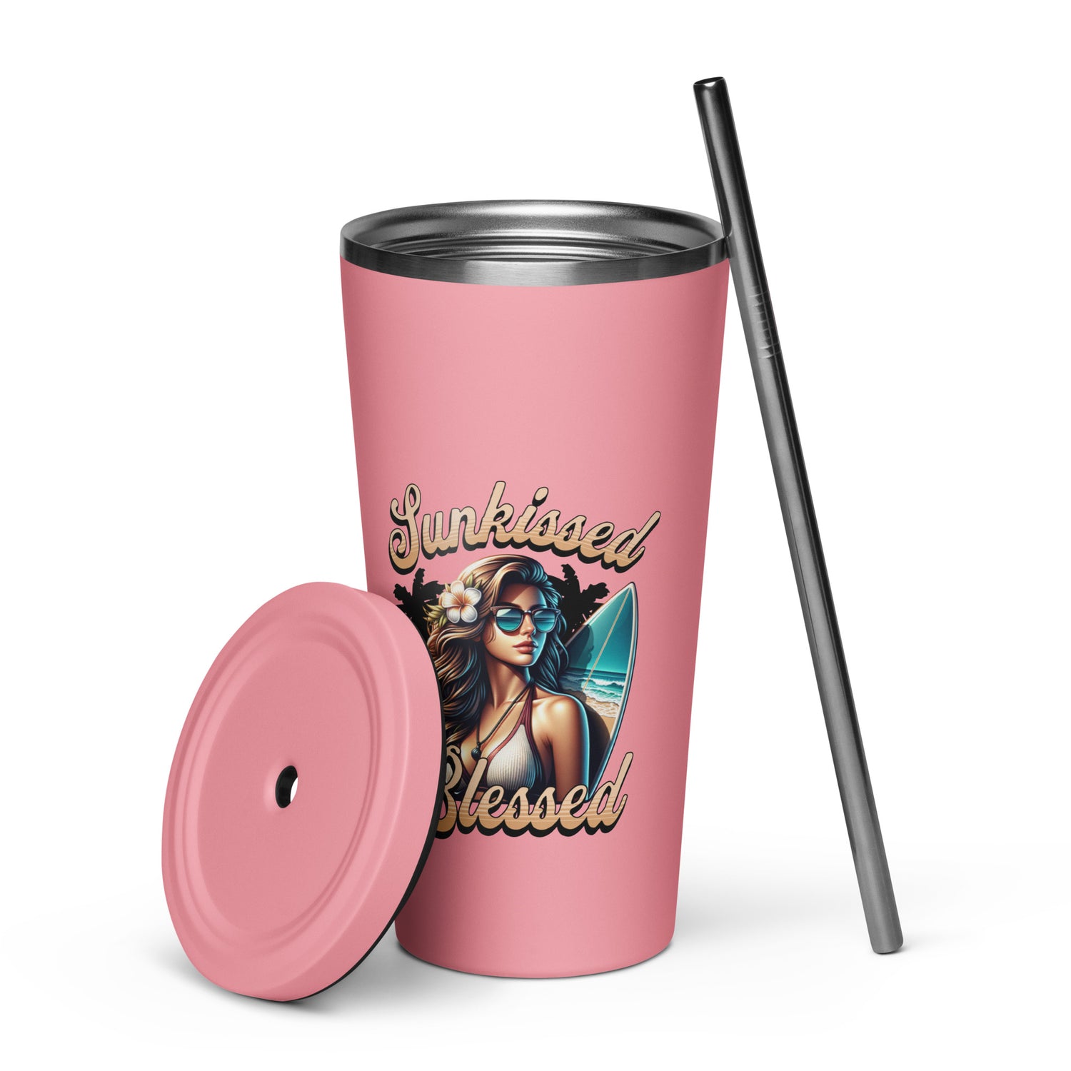 Sunkissed Blessed Insulated Tumbler with a Straw - MessyBunFun - Your Destination for Stylish Unisex Clothing, Tops and bottoms - MessyBunFun.com