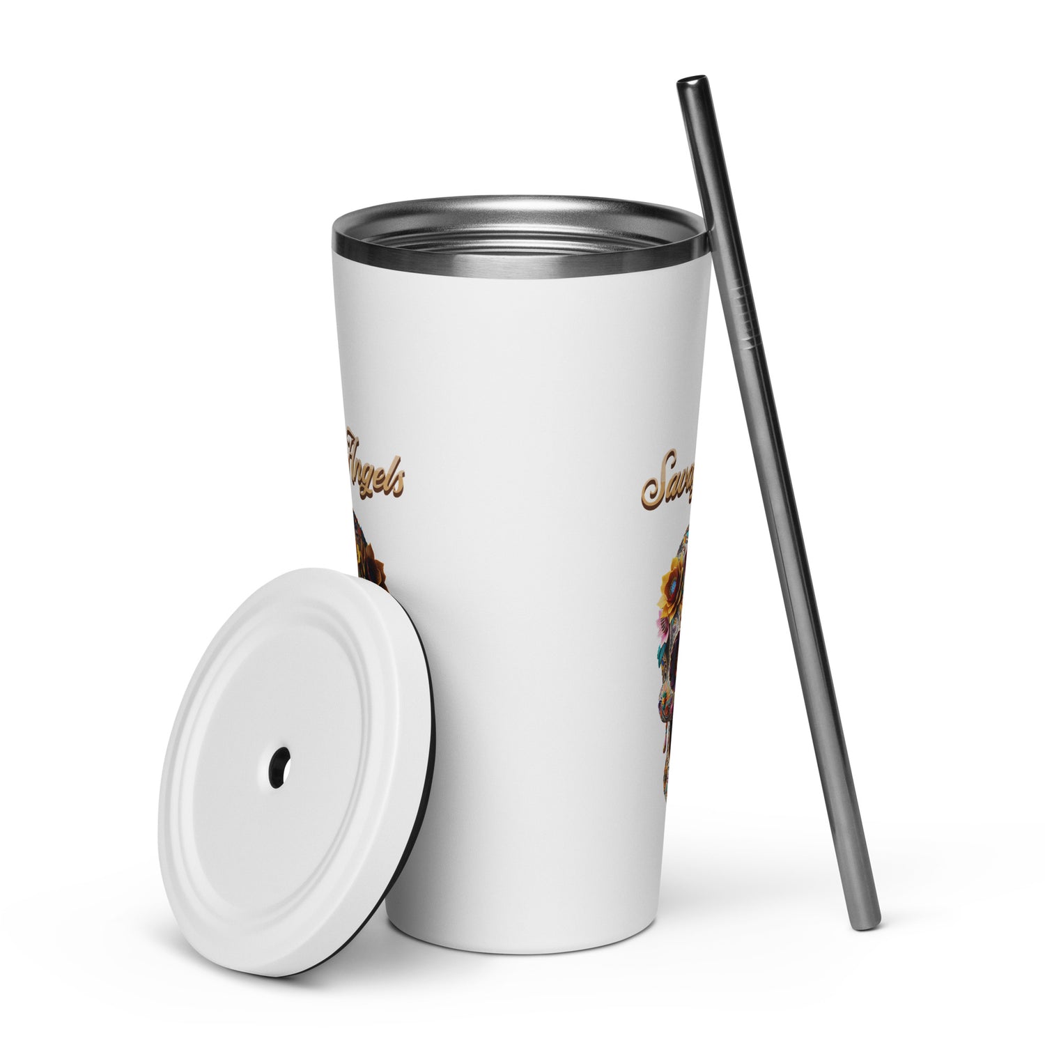 Savage Angels Insulated Tumbler with a Straw - MessyBunFun - Your Destination for Stylish Unisex Clothing, Tops and bottoms - MessyBunFun.com