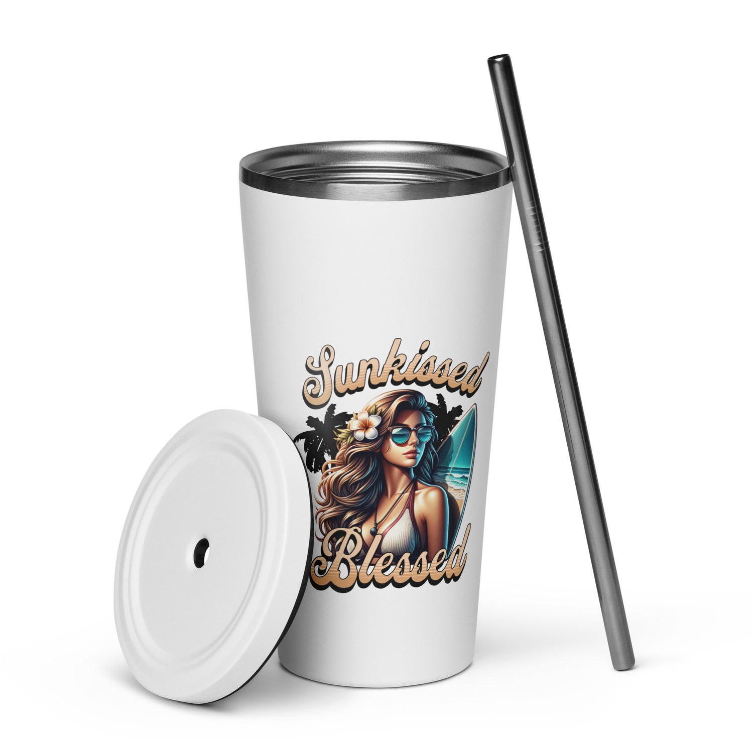 Sunkissed Blessed Insulated Tumbler with a Straw - MessyBunFun - Your Destination for Stylish Unisex Clothing, Tops and bottoms - MessyBunFun.com