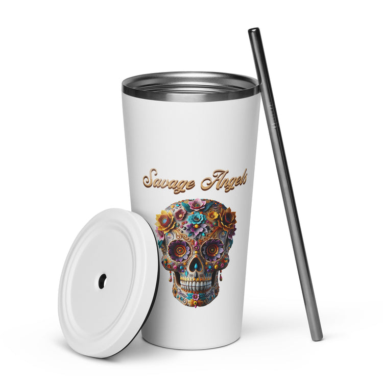 Savage Angels Insulated Tumbler with a Straw - MessyBunFun - Your Destination for Stylish Unisex Clothing, Tops and bottoms - MessyBunFun.com