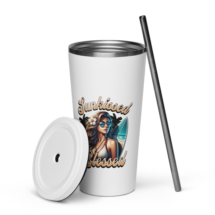 Sunkissed Blessed Insulated Tumbler with a Straw - MessyBunFun - Your Destination for Stylish Unisex Clothing, Tops and bottoms - MessyBunFun.com