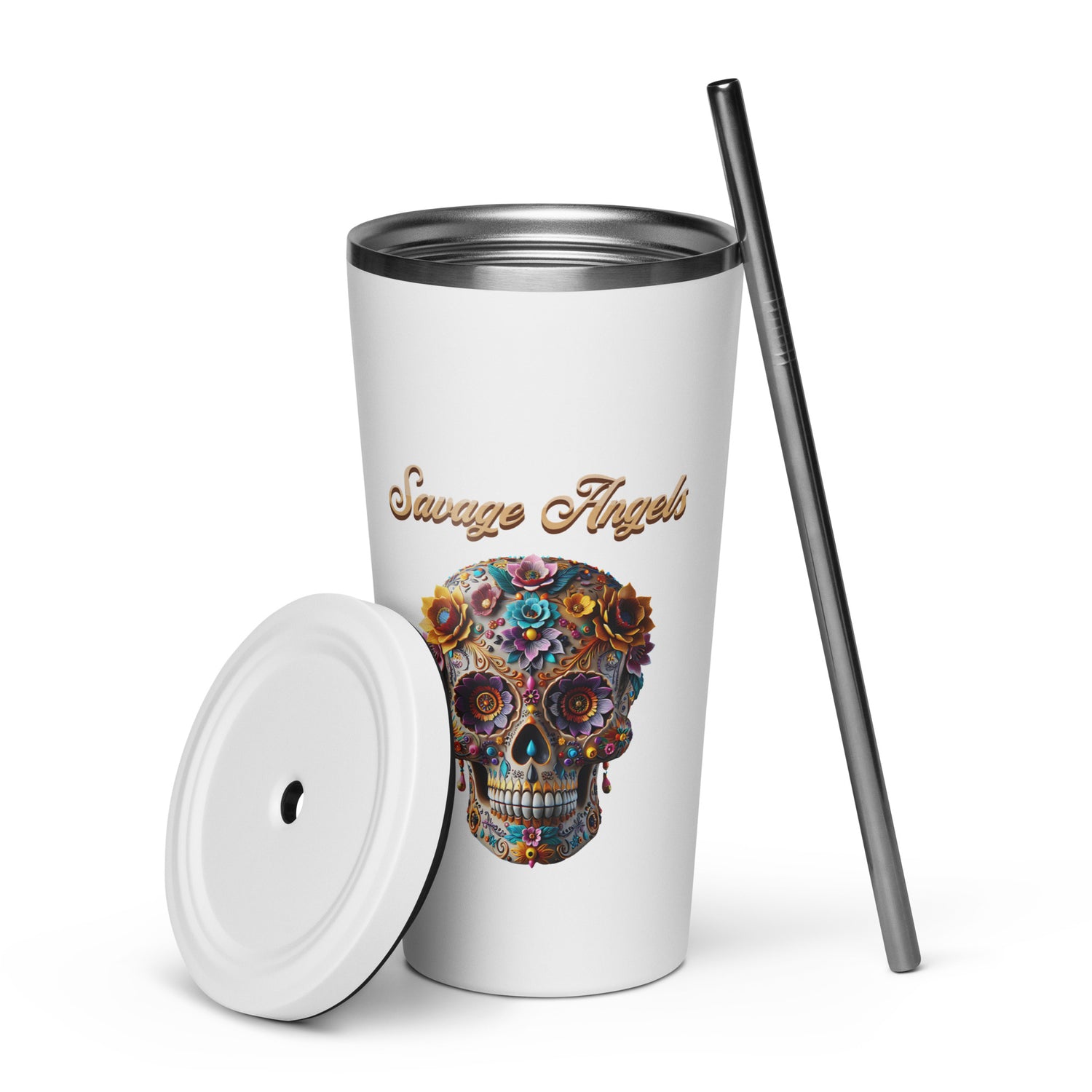 Savage Angels Insulated Tumbler with a Straw - MessyBunFun - Your Destination for Stylish Unisex Clothing, Tops and bottoms - MessyBunFun.com