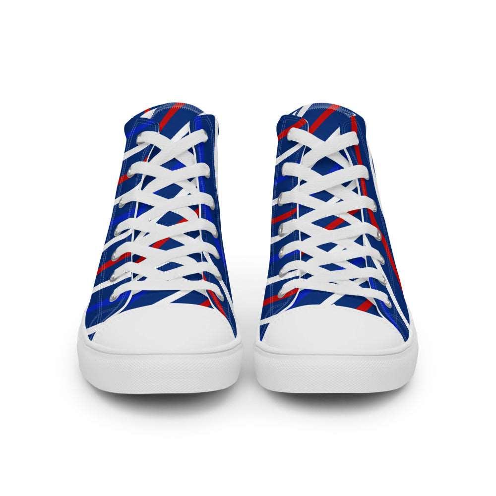 Slant on Red White and Blue Men’s High Top Canvas Shoes - MessyBunFun - Your Destination for Stylish Unisex Clothing, Tops and bottoms - MessyBunFun.com