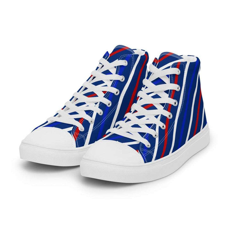 Slant on Red White and Blue Men’s High Top Canvas Shoes - MessyBunFun - Your Destination for Stylish Unisex Clothing, Tops and bottoms - MessyBunFun.com