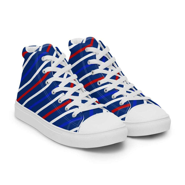 Slant on Red White and Blue Men’s High Top Canvas Shoes - MessyBunFun - Your Destination for Stylish Unisex Clothing, Tops and bottoms - MessyBunFun.com