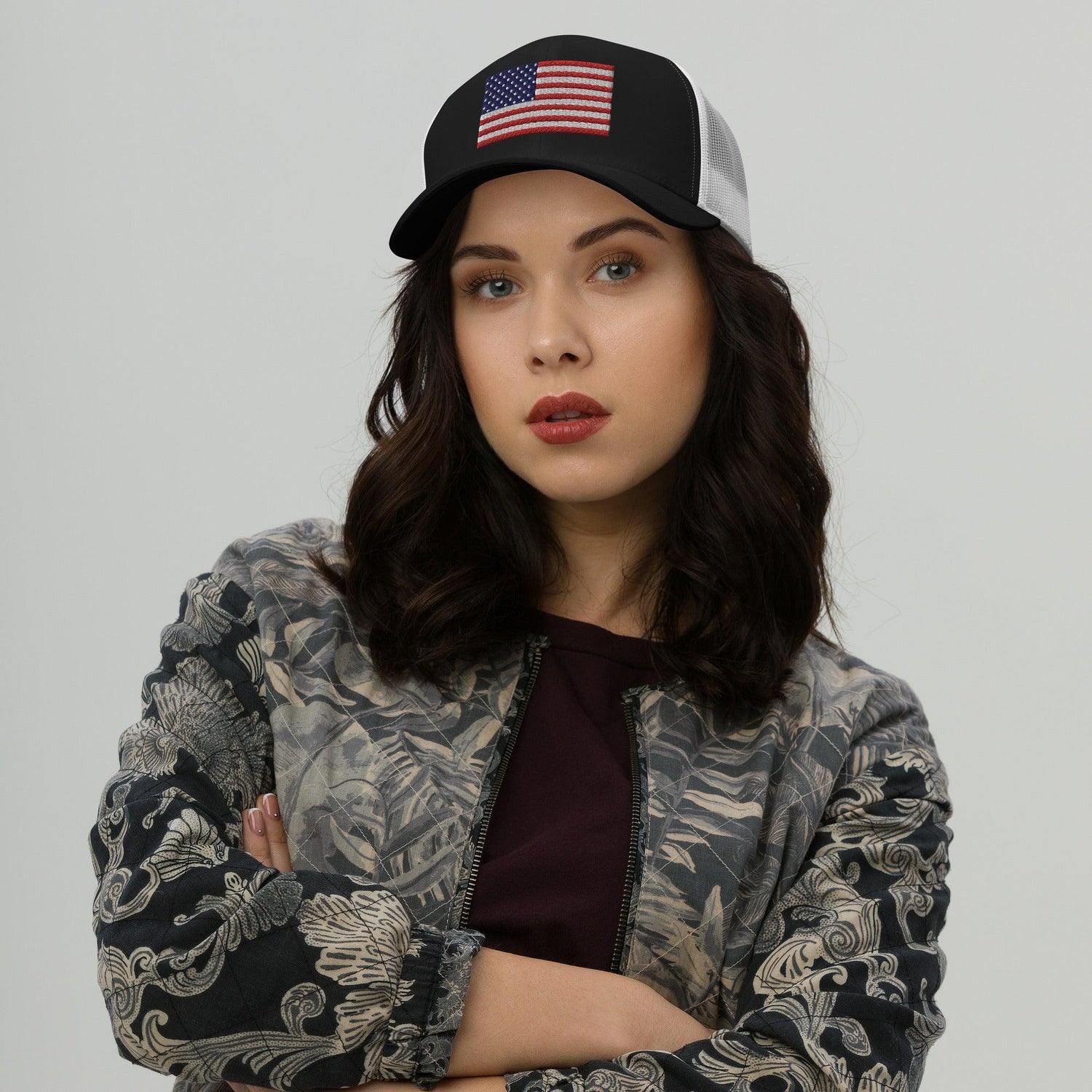 Embroidered American Flag Mesh Trucker Cap