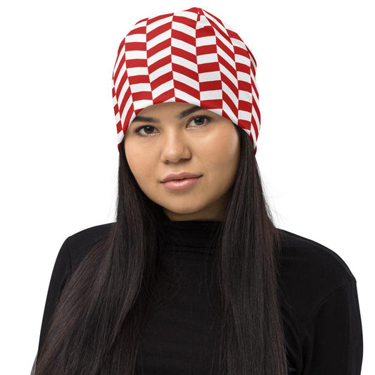 Red and White Herringbone Beanie