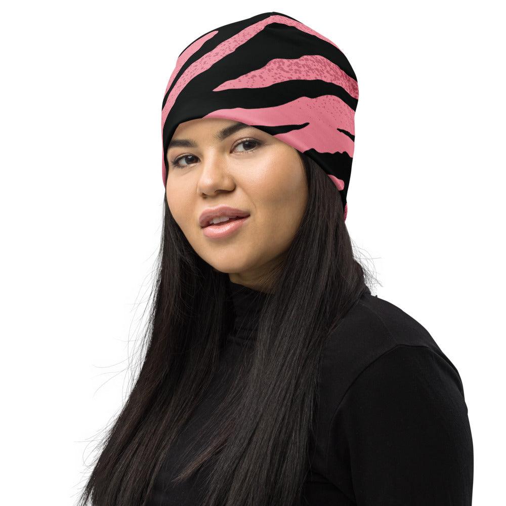 Pink and Black Tiger Stripes Beanie - MessyBunFun - Your Destination for Stylish Unisex Clothing, Tops and bottoms - MessyBunFun.com