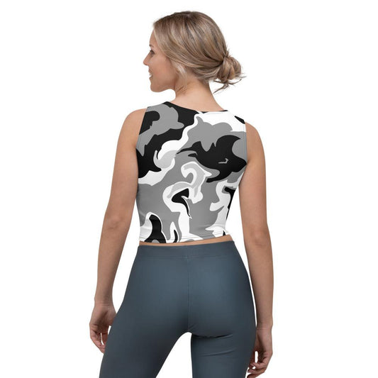 Scooped Neck Black and White Camo Crop T-shirt