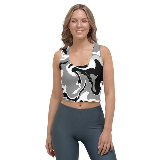 Scooped Neck Black and White Camo Crop T-shirt
