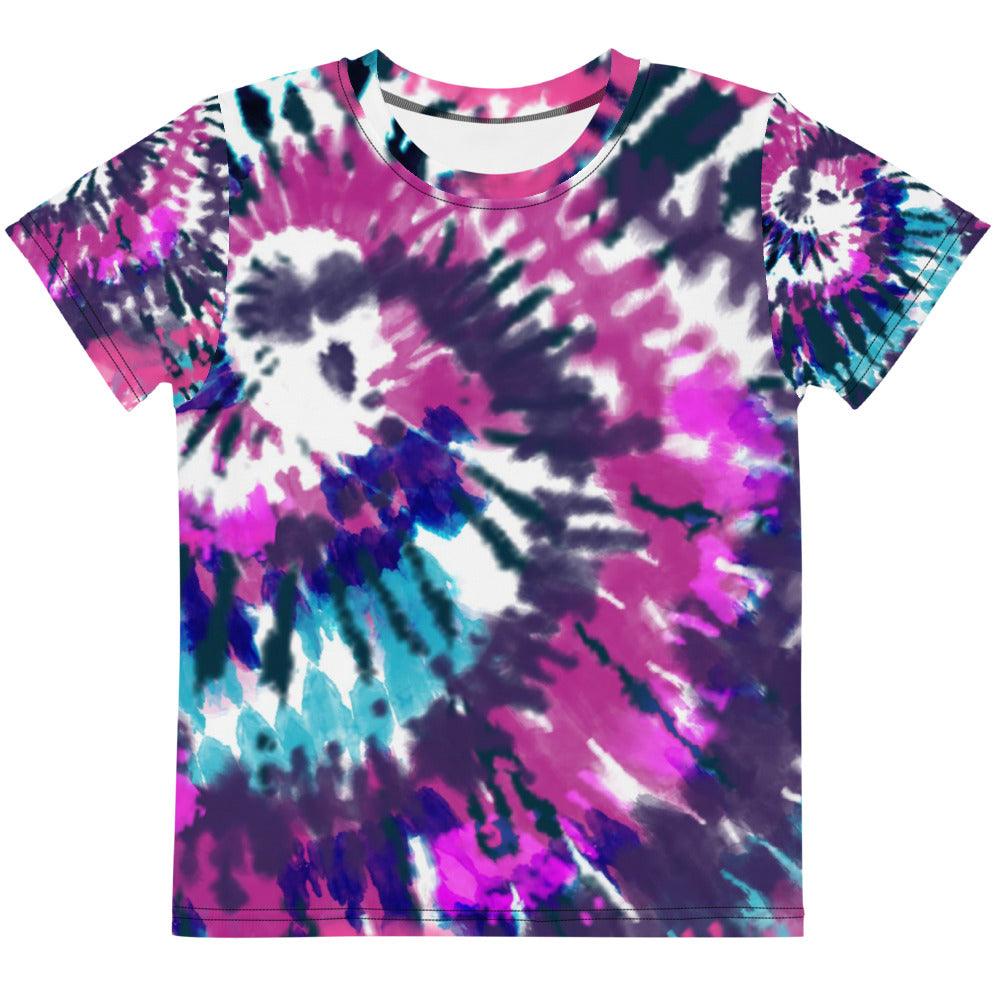 Purple Teal Black Tie-Dye Kids Crew Neck T-shirt - MessyBunFun - Your Destination for Stylish Unisex Clothing, Tops and bottoms - MessyBunFun.com