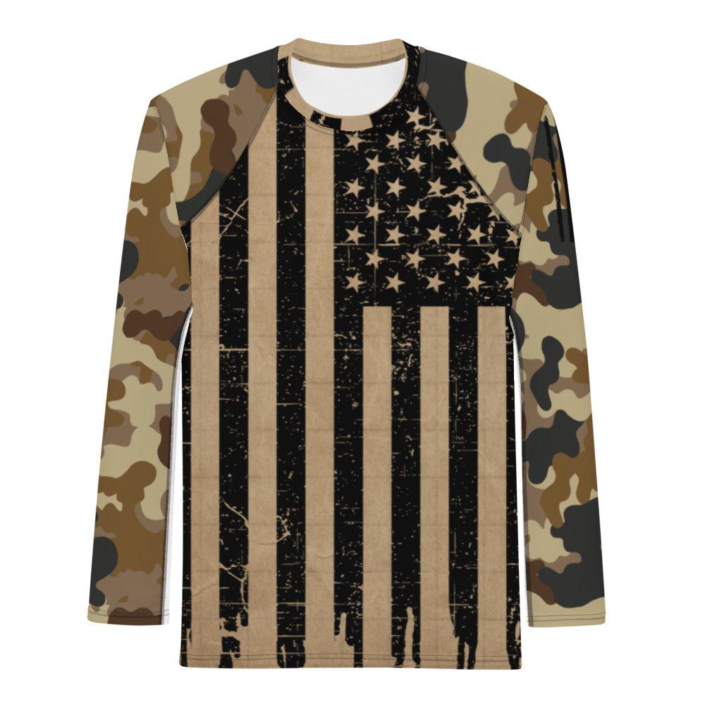 Camo Brown with Black American Flag Men's Rash Guard T-Shirt - MessyBunFun - Your Destination for Stylish Unisex Clothing, Tops and bottoms - MessyBunFun.com