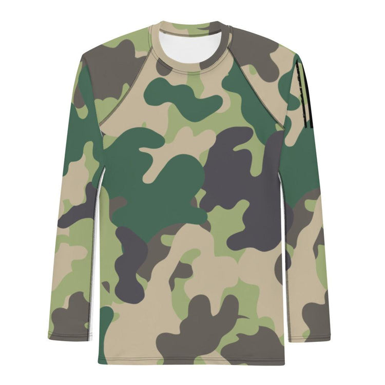 Camo Green and Brown with Black Flag on Left Sleeve Men's Rash Guard T-Shirt