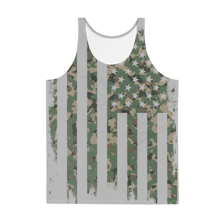 Heather Gray with Camo Flag Unisex Tank Top - MessyBunFun - Your Destination for Stylish Unisex Clothing, Tops and bottoms - MessyBunFun.com