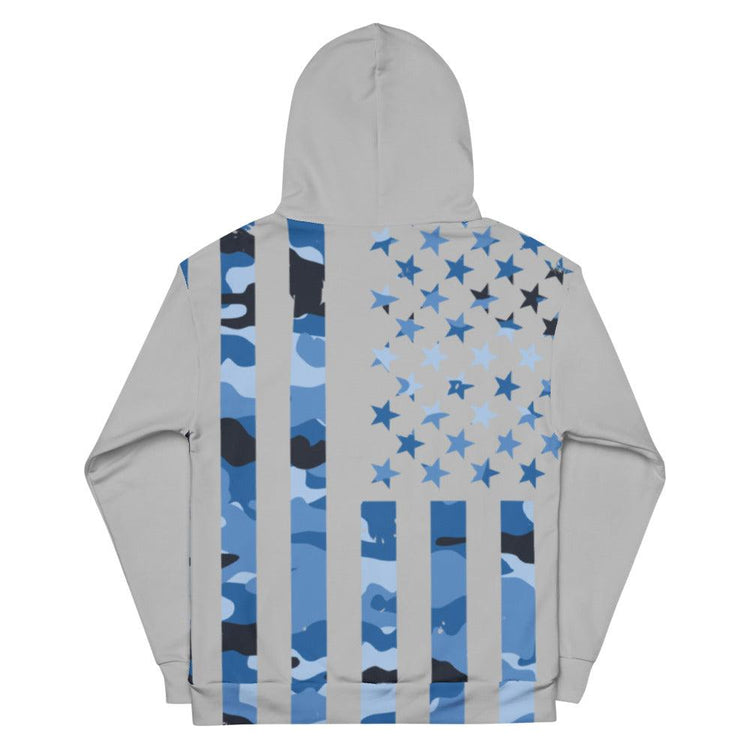 Blue Camo Flag with Black Flag on Sleeve Unisex Hoodie - MessyBunFun - Your Destination for Stylish Unisex Clothing, Tops and bottoms - MessyBunFun.com