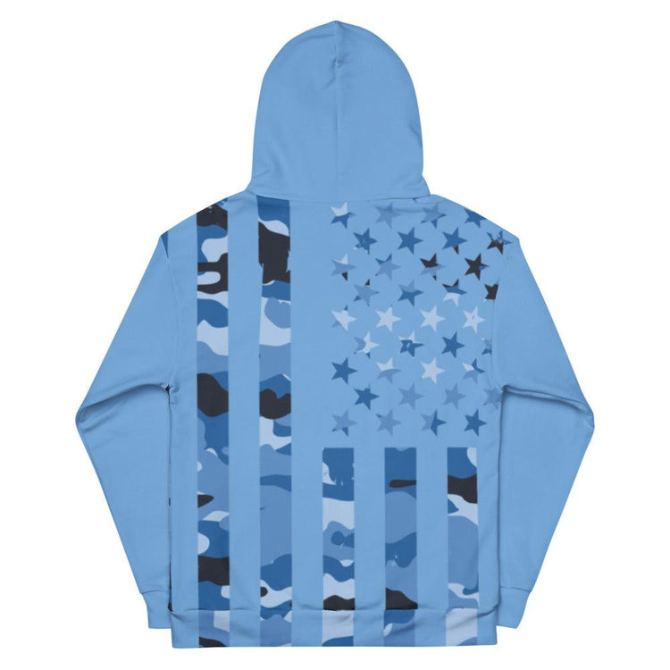 Blue Camo Flag with Black Flag on Sleeve Unisex Hoodie - MessyBunFun - Your Destination for Stylish Unisex Clothing, Tops and bottoms - MessyBunFun.com