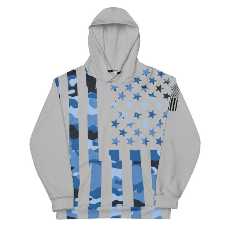 Blue Camo Flag with Black Flag on Sleeve Unisex Hoodie - MessyBunFun - Your Destination for Stylish Unisex Clothing, Tops and bottoms - MessyBunFun.com