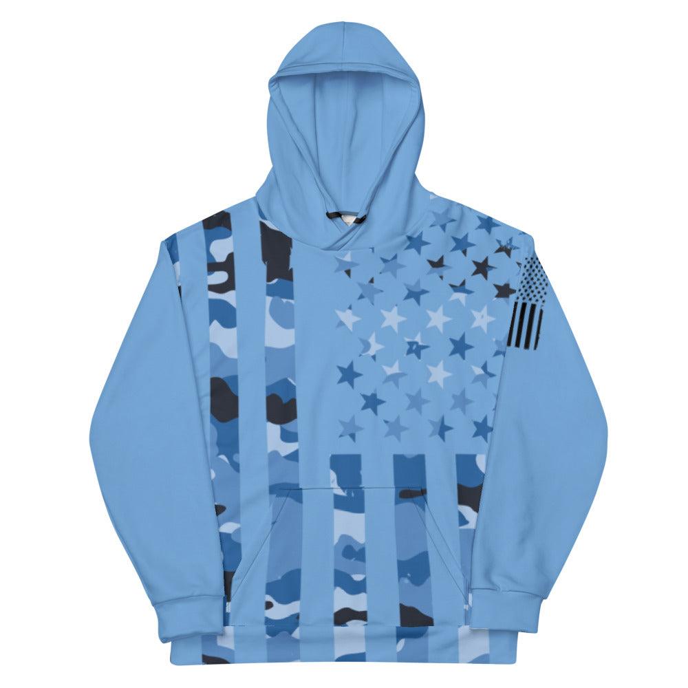 Blue Camo Flag with Black Flag on Sleeve Unisex Hoodie - MessyBunFun - Your Destination for Stylish Unisex Clothing, Tops and bottoms - MessyBunFun.com