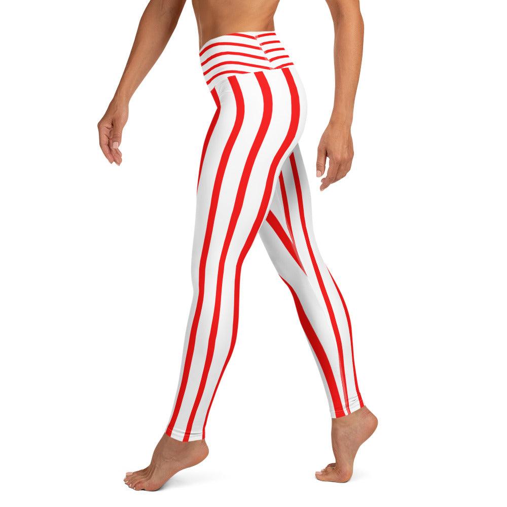 Red and White Stripes High Waisted Yoga Leggings