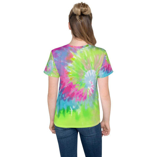 Purple Green and Pink Tie-Dye Youth Crew Neck T-Shirt