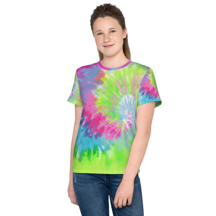 Purple Green and Pink Tie-Dye Youth Crew Neck T-Shirt