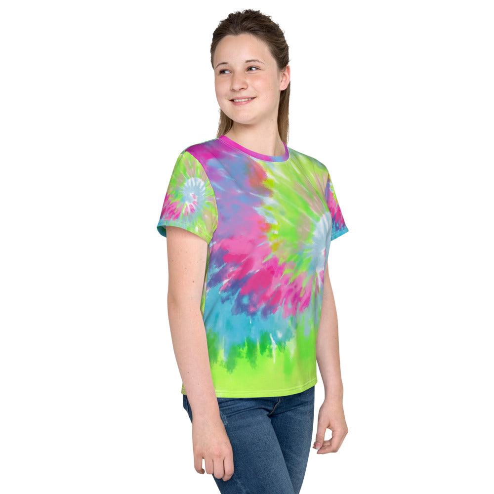 Purple Green and Pink Tie-Dye Youth Crew Neck T-Shirt