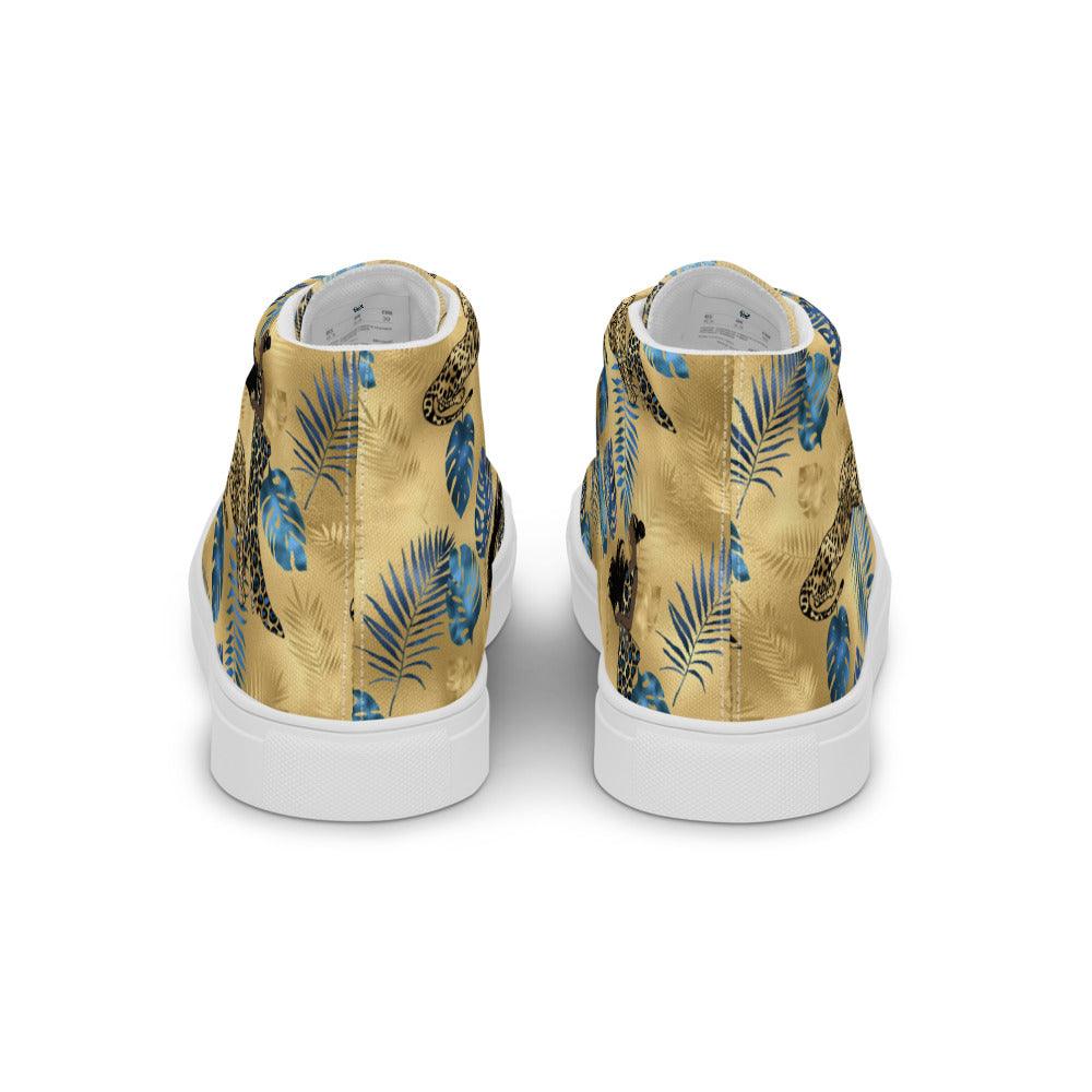 Tropical Gold and Blue Leaves Men’s High Top Canvas Shoes - MessyBunFun - Your Destination for Stylish Unisex Clothing, Tops and bottoms - MessyBunFun.com