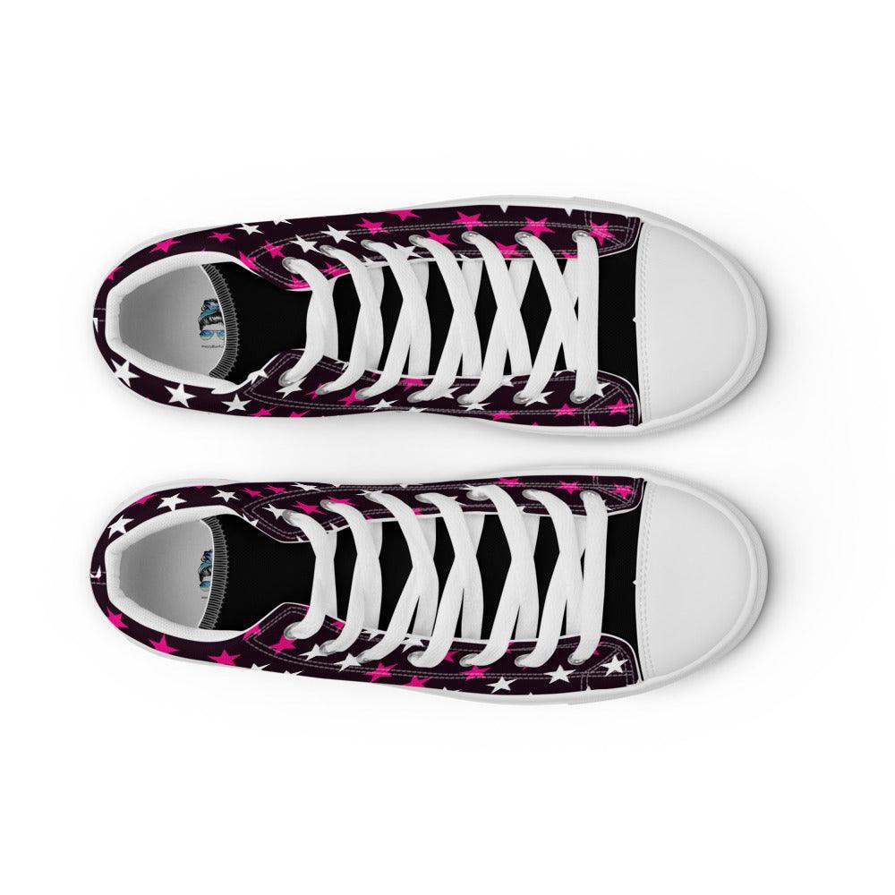 Pink and White Stars Men’s High Top Canvas Shoes - MessyBunFun - Your Destination for Stylish Unisex Clothing, Tops and bottoms - MessyBunFun.com