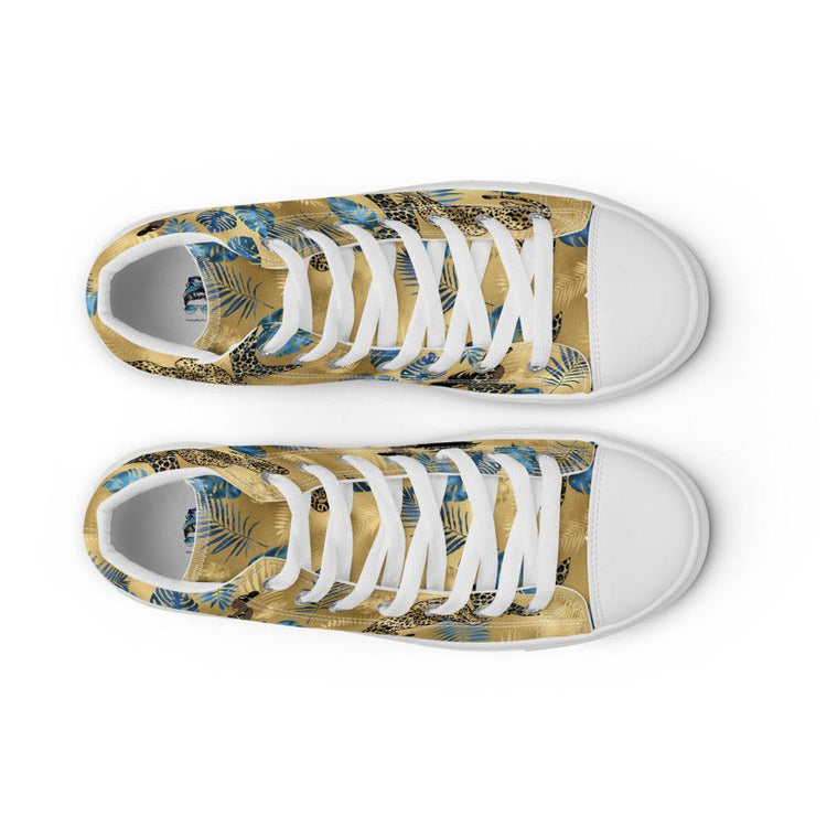 Tropical Gold and Blue Leaves Men’s High Top Canvas Shoes - MessyBunFun - Your Destination for Stylish Unisex Clothing, Tops and bottoms - MessyBunFun.com