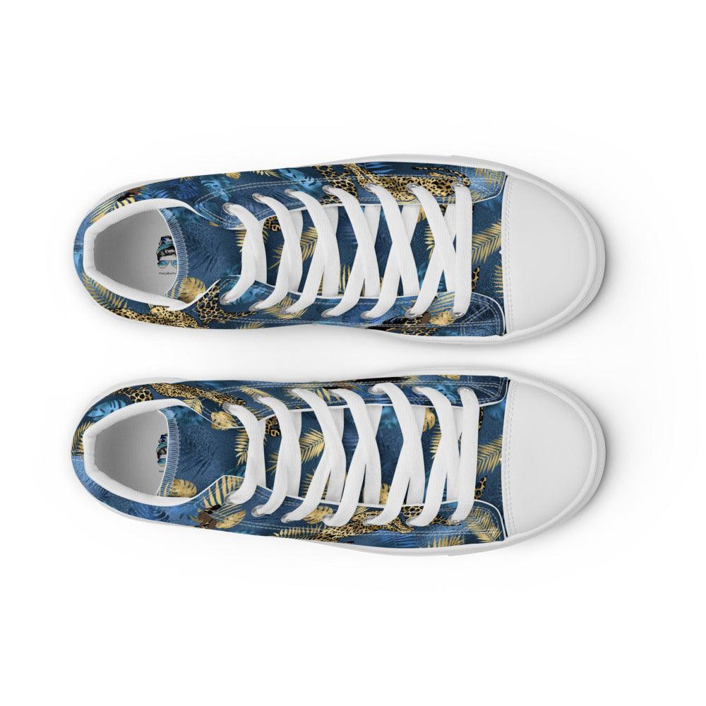 Tropical Blue and Gold Leaves Men’s High Top Canvas Shoes - MessyBunFun - Your Destination for Stylish Unisex Clothing, Tops and bottoms - MessyBunFun.com