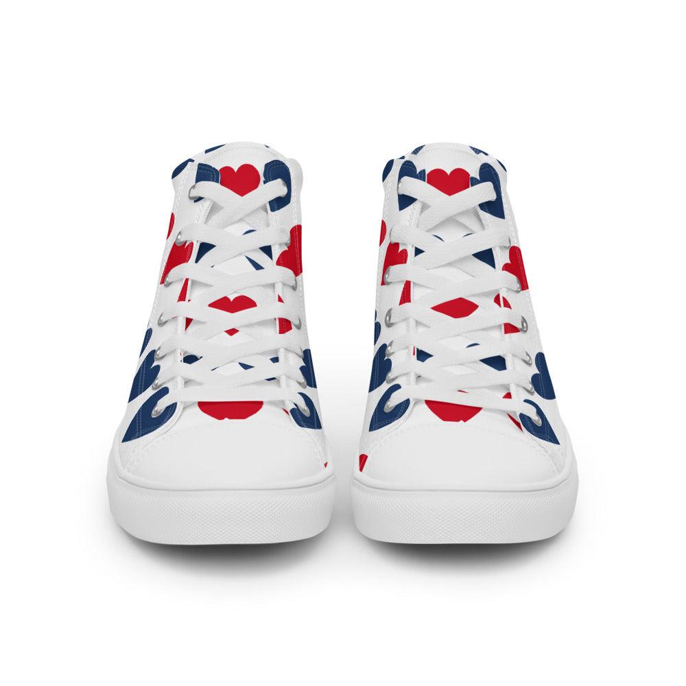 Blue and Red Hearts Men’s High Top Canvas Shoes - MessyBunFun - Your Destination for Stylish Unisex Clothing, Tops and bottoms - MessyBunFun.com