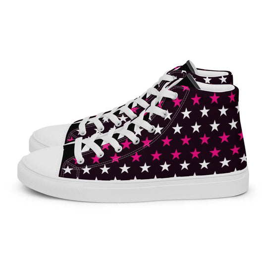 Pink and White Stars Men’s High Top Canvas Shoes - MessyBunFun - Your Destination for Stylish Unisex Clothing, Tops and bottoms - MessyBunFun.com